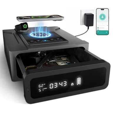 XDeer Smart Biometric Gun Safe for Handgun, 4 Ways Quick Access Fingerprint Gun Safes,Bluetooth App Control, Nightstand Smart Safes Box with Wireless Charging for Phone, Gun Safe Alarm Clock 1pcs