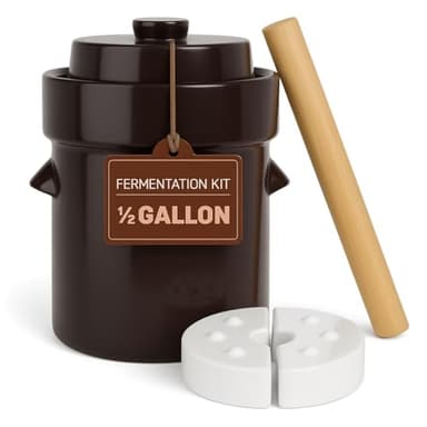 Humble House Fermentation Crock 1/2 Gallon Sauerkrock Sauerkraut Crock with Lid Weights & Pounder - Brown Ceramic Fermenting Crock Kit for Pickling Cabbage Kimchi Vegetables 2 Liter Fermentation Jar