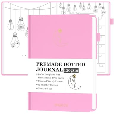 ONGROX Premade Bullet Style Notebook with Hand-Drawn Pages, Dotted Journal with Unique Pre-Made Bullet Templates, Undated Planner with Weekly Spreads & Monthly Themes, 12 Months, A5 Linen Hardcover