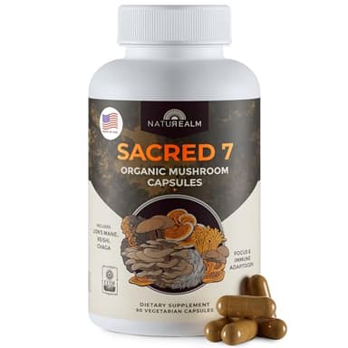 Naturealm Sacred 7 Mushroom Supplement Capsules | 30-Day Supply | 7-in-1 Organic Mushroom Complex Capsules with Lions Mane, Reishi, Chaga | 1000mg Per Serving | Immune Support & Focus