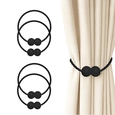 Hion Magnetic Curtain Tiebacks 4 Pack, Nickel-plated Metal and Polyester, Black