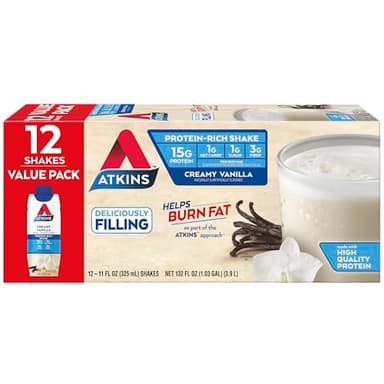 Atkins Creamy Vanilla High Protein Shake, 15g Protein, Low Glycemic, Low Carb and Low Sugar Shakes, Keto Friendly, 12 Vanilla Flavored Protein Shakes