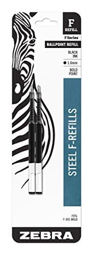 Zebra Pen Steel, F-Refill Ballpoint Ink Refills, 1.6mm Bold Point, Black Ink, Fits Zebra Steel F-301 Bold Ballpoint Pen, Smooth Writing Performance, 2-Pack (82712)