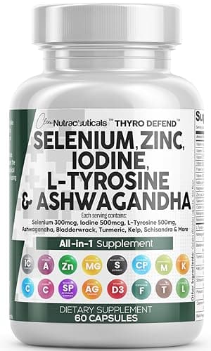 Clean Nutra Selenium 300mcg Iodine 500mcg Thyroid Support for Women & Men | L Tyrosine 500mg Ashwagandha Supplement Bladderwrack, Turmeric, Kelp, Schisandra Zinc Pills Capsule Supplements