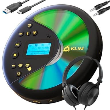 KLIM Discover with Headphones - Portable CD Player with Long-Lasting Battery - New - Radio FM - Compatible MP3 CD Player Portable - SD Card, FM Transmitter, Bluetooth - Ideal for Cars - Black/Gold