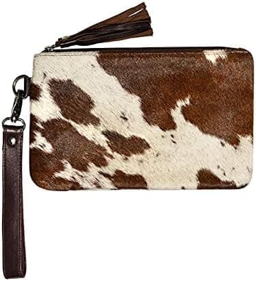 NGF Womens Zipper Wristlet Cowhide Clutch Real Leather Hair on Wallet Purse, Handbag Organizer for women (Wristlet Brown & White 9 x 6 Inch)