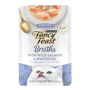 Purina Fancy Feast Creamy Broth With Wild Salmon and Whitefish, Gourmet Lickable Cat Food Topper, Pack of 16, 1.4 oz. Pouches