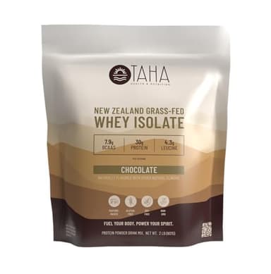 Taha Health & Nutrition Chocolate Whey Protein Isolate Powder, 30g Protein, 7.9g BCAAs, 4.3g Leucine | New Zealand Free-Range, Grass-Fed Dairy | Gluten-Free, Keto, Kosher | 2LB, ~24 Servings