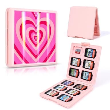 DLseego Game Card Case for Switch Lite/Switch OLED, love heart Shiny Reflective Gradient Switch Game Memory Card Portable Storage with 12 Game Card Slots and 12 Micro SD Card Slots - Pink