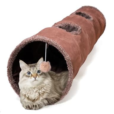 ZENFUN 51"x 12" Collasiple Cat Play Tunnel, Cats Tubes and Tunnels, Cat Foldable Hide and Seek Tunnel Toy, Brown Suede Pet Tube Toy for Rabbits, Ferrets, Puppy, Diameter 12 Inch