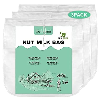 Bellamei 3 pack 14"x14" Nut Milk Bag Extra Large Reusable Food Strainers Nut Bags For Straining Almond/Soy Milk Greek Yogurt Professional for Cold Brew Coffee Tea Beer Celery Juice Fine Nylon Mesh