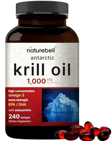 NatureBell Antarctic Krill Oil 1,000mg - 240 Softgels - Omega-3 Heart, Joint & Immune Health Support* - High EPA DHA with Astaxanthin - Non-GMO & Gluten-Free