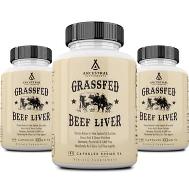 Ancestral Supplements Grass Fed Beef Liver Capsules, Supports Energy Production, Cleansing, Digestion, Immunity and Body Wellness, Non GMO, Freeze Dried Liver Support, 180 Capsules Bottle (3 Pack)