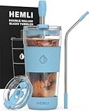 Hemli 19 oz. Clear Double Wall Glass Coffee Tumbler, To Go Glass Travel Mug with Lid, Portable Glass Thermos with Straw, Reusable Cup for Coffee, Tea, Smoothies, Ice Coffee, and Boba (Light Blue)