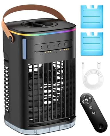 CENSTECH 4-IN-1 Small Air Conditioner w/ 2Ice Packs, 16.5ft Remote, 1200ML Tank, 7H Smart Timer, 3Speed & 2Cool Mist Up to 100Sq.ft Personal Air Conditioner, 7Color Light Portable AC Unit for Bedrooms