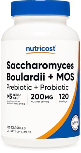 Nutricost Saccharomyces Boulardii + MOS Capsules (>5 Billion CFU) 120 Capsules - Prebiotic + Probiotic, 200mg of MOS Per Serving