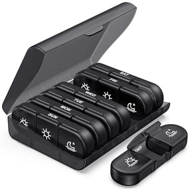 PULIV Weekly Pill Organizer 3 Times a Day, Portable Travel Pill Box 7 Day with Large Pill Containers, Light-Proof Pill Case for Vitamins, Medication, Supplements and Fish Oils (Black)
