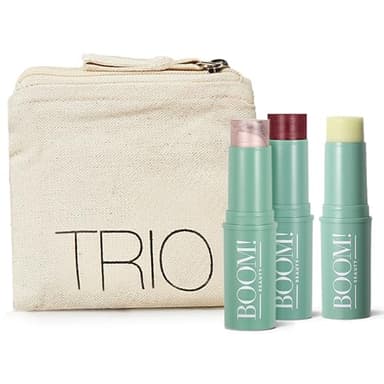 Boomstick Trio ® Color 3 Pack Cream Blush Makeup, Color Blush Stick, Highlighter Stick & Moisturizer for Cheeks, Eyes & Lips, Blendable Vegan Boom Sticks by Cindy Joseph for Older Women, BOOM Beauty