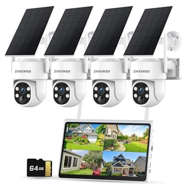 ZHXINSD Solar Security Cameras System, Wireless Outdoor with 10" LCD Monitor, 4PCS 4MP Solar Powered PTZ Camera with Solar Panel for Home Security, 10 CH Expandable, Color Night Vision, 2-Way Audio