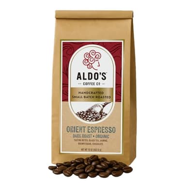 Aldo’s Orient Espresso – Organic Handcrafted Coffee Beans, Signature Dark Roast Espresso Blend, Small-Batch Artisan Roasted, Bold Smooth Low-Acid Coffee (16 oz) (Fine Ground)
