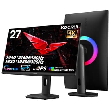 KOORUI 27" 4K QD-Mini LED Gaming Monitor - Dual-Mode (UHD 160Hz or FHD 320Hz), 1ms, 99% Adobe RGB, HDR1400, 90W USB-C, HDMI 2.1/DP1.4, VESA, Tilt Height Swivel Vertical Adjustment, Black, S2741LM