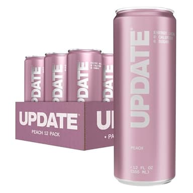 UPDATE Energy Drink Pack, Caffeine Free, Zero Sugar, No Jitters, No Crash, Paraxanthine Powered, Sugar Free, No Artificial Flavors, 12 Pack (12 fl oz Cans) (Peach)