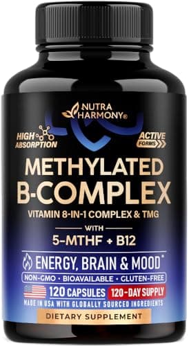 Vitamin B Complex Methylated - B-Complex with Methylfolate & B12 - Bioavailable for Men & Women - 9-in-1 Methylated Multivitamin - Energy, Brain & Mood - Vegan - Made in USA - 120 Capsules, One/Day
