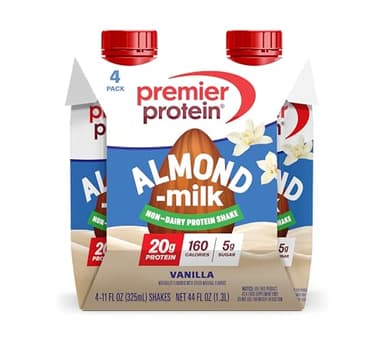 Premier Protein Non-Dairy Plant Based Almondmilk Protein Shake, Vanilla, 20g Protein, 5g Sugar, 11 fl oz, 4 Pack