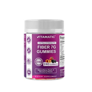 Vitamatic Prebiotic Fiber Gummies for Adults, 7G Extra Strength, Zero Sugar Added, 240 Pectin Based Gummies, Digestive Health & Regularity Support