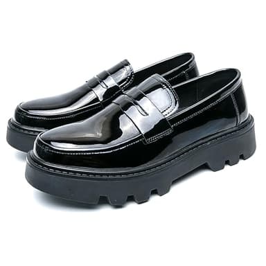 Men's Patent Leather Platform Chunky Slip-On Penny Loafers Classic Round Toe Lug Sole Business Casual Formal Work Dress Shoes (Black,11)