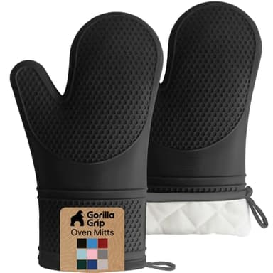 GORILLA GRIP BPA-Free Soft Silicone Oven Mitts, Heat Resistant and Waterproof Cooking Safety Gloves, Thick Cotton Lining, Flexible Gripping, Kitchen Potholders Set, for Grilling, BBQ, 12.5x8.3, Black