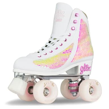 Crazy Skates Glitz Roller Skates | Adjustable or Fixed Sizes | Glitter Sparkle Quad Skates for Women and Girls - Pearl (Adjustable) (Size: Medium | 3-6)