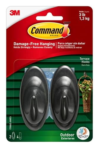 Command Outdoor Terrace Hooks, 2 Hooks and 4 Strips, Damage-Free Hanging Wall Hook for Hanging Outdoor Wall Decor with Weather Resistant Strips, Holds up to 3 lb