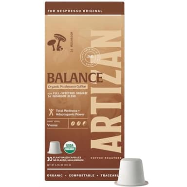 Artizan Organic 14-Mushroom Blend Coffee Pods for Nespresso Original Line | Total Wellness + Adaptogenic Power | 10 Compostable Espresso Capsules