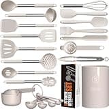 Large Silicone Cooking Utensils Set - Heat Resistant Kitchen Utensils,Turner Tongs,Spatula,Spoon,Brush,Whisk,Stainless Steel Silicone Cooking Tool for Nonstick Cookware,Dishwasher Safe (Khaki)
