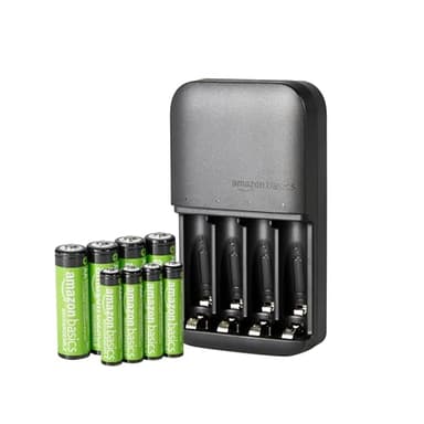 Amazon Basics 8 Count Rechargeable NiMh Batteries (4 AA & 4 AAA) with 4-Bay Battery Charger, Low Self Discharge, Pre-Charged, Type A (American) Plug, Black