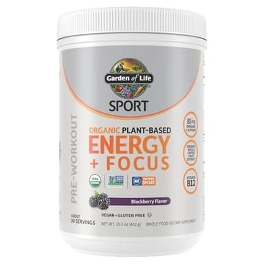 Garden of Life Sport Organic Plant Based Energy + Focus Clean Pre Workout Powder, with 85mg Caffeine, Natural No Booster, B12, Vegan, Gluten Free, Non-GMO, BlackBerry, 15.3 Oz