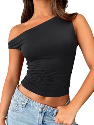 Trendy Queen Women's Off The Shoulder Crop Top, Sleeveless Stretchy Bodycon Tank, Y2K Fashion Sling T-Shirt for Summer Black M