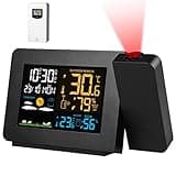 KOCASO Upgraded Projection Weather Alarm Clock Atomic Projection Alarm Clock Night Light Clock Radio Control Clock Wireless Temperature Humidity Sensor WWVB Function Dual Alarms Snooze for Bedroom