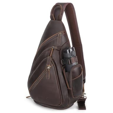 TIDING Full Grain Leather Sling Chest Bag for Men Large Crossbody Shoulder Bag Casual Hiking Daypack Fits 11" Tablet
