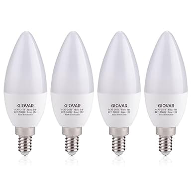 GIOVAR 4Pack LED Celing Fan Light Bulbs 60 Watt, Daylight 5000K, E12 Candelabra Bulb Base Socket, 120V, Type B, Non-Dimmable