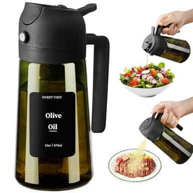 SWEET VIEW - Olive Oil Sprayer for Cooking, 16oz/470ml Glass Light-Proof Oil Pourer for Kitchen with Stickers for Air Fryer, Cooking, Salad, and BBQ with Stickers