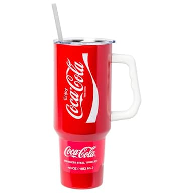 Silver Buffalo Coca-Cola Logo Stainless Steel Tumbler with Handle, Fits in Standard Cup Holder, 40 Ounces