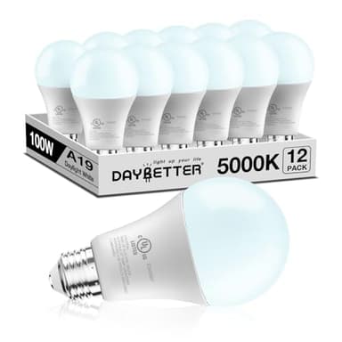 DAYBETTER LED Light Bulbs, A19 5000K Daylight Light Bulbs 100 Watt Equivalent, 1500LM Bright White Light Bulbs, E26 Standard Base, Non-Dimmable, 15 Watt Lightbulbs for Home Office, 12 Pack