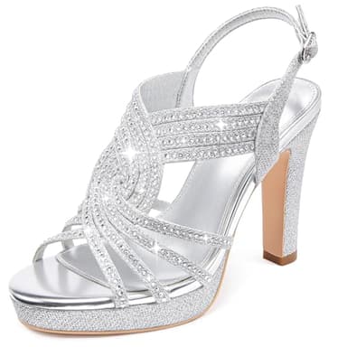 Gufobela Silver Heels for Women Platform Sandals Womens Dress Shoes Chunky High Heels Size 8 Sparkly Rhinestone Open Toe Strappy Prom Summer Comfortable Pumps Bridal Wedding Party(1123 Silver 8)