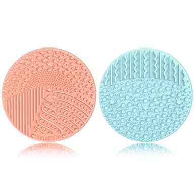 2 Pieces Silicone Makeup Brush Cleaner, YalsFTY Cosmetic Brush Scrubber Mat Pad Cleaning Tool, Dual-Sided Functionality to Accommodate All types of Brushes, Powder Puffs and Sponges (Blue & Peach)