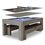 Hathaway Newport Stylish 7 Ft Multi Game Pool Table Combo with Dining Top and Ping Pong – Includes Set of Benches for Home Storage and Accessories – Rustic Grey Wood Finish