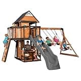 Backyard Discovery Canyon Creek All Cedar Wood Swing Set w/Grey Wave Slide, Playhouse w/Grill, Plastic Food, Picnic Area, Steering Wheel, Two Belt Swings, Rock Climbing Wall, Balcony, Deck, Web Swing
