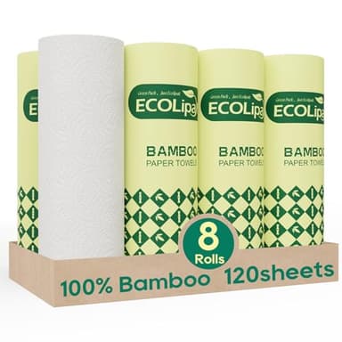 ECOlipak Paper Towels - 8 Rolls, 2 Ply 120 Sheets- Plastic Free, Tree Free, Compostable, Disposable Kitchen Paper Towels, Soft and Absorbent, PFAS Free, White