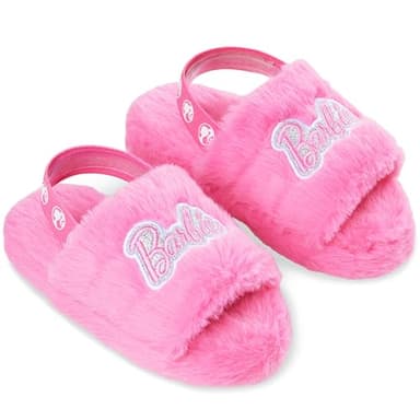 Barbie Girls Fluffy Slippers, Cozy Faux Fur House Shoes with Elastic Strap, Soft Indoor Mule Style Footwear for Home or Lounge, Gifts for Girls (Pink, 11.5 US)